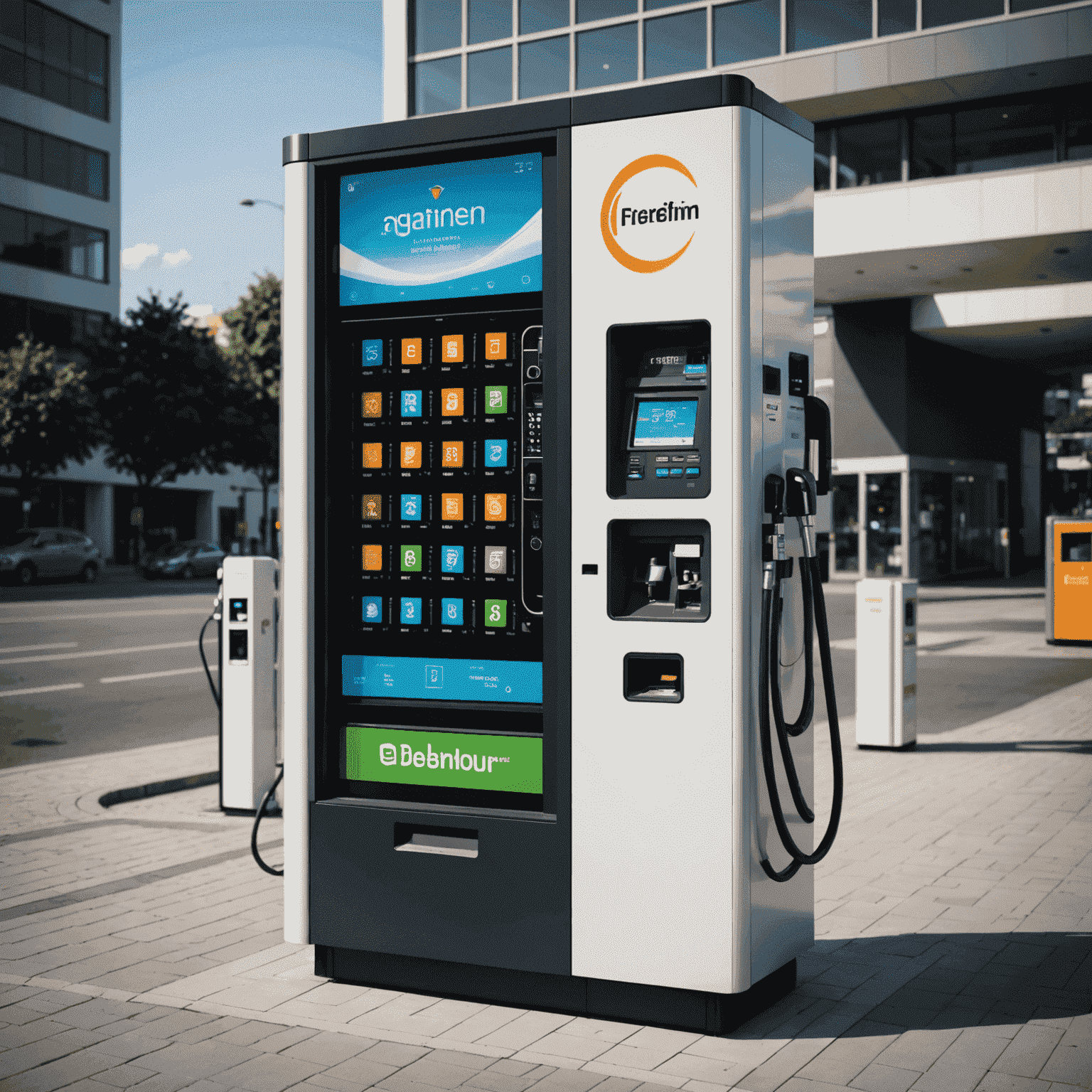 A modern fuel vending machine with a sleek design, displaying a digital interface and multiple fuel nozzles. The machine is situated in a well-lit area, showcasing its 24/7 accessibility.