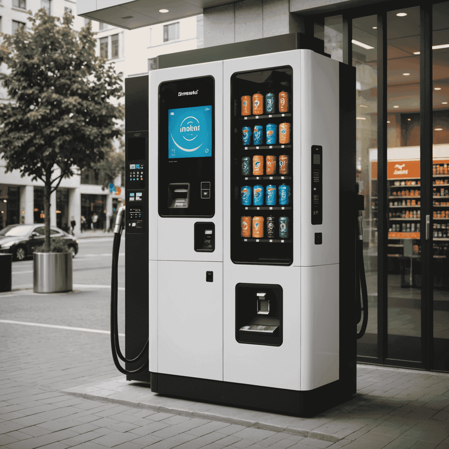 A modern fuel vending machine with a sleek design, positioned in a well-lit area. The machine has a large touchscreen display and multiple fuel nozzles.