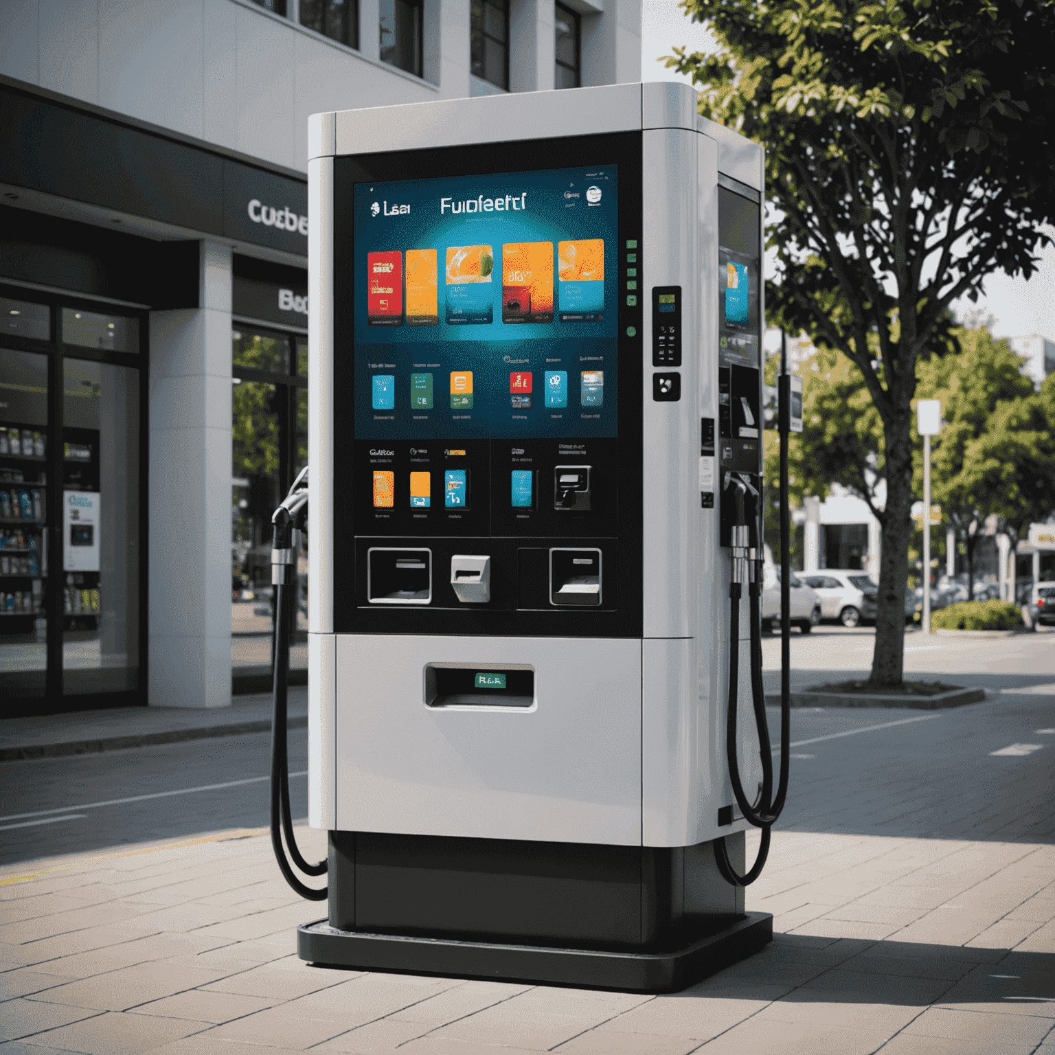 A modern fuel vending machine with a sleek design, displaying a digital interface and multiple fuel nozzles. The machine is situated in a well-lit area, emphasizing its 24/7 accessibility.