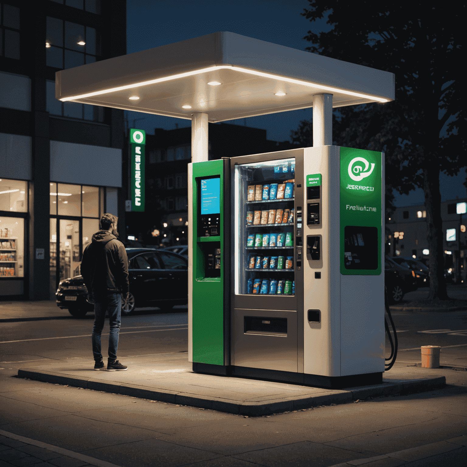 A modern fuel vending machine illuminated at night, with a car parked nearby and a person using the machine interface