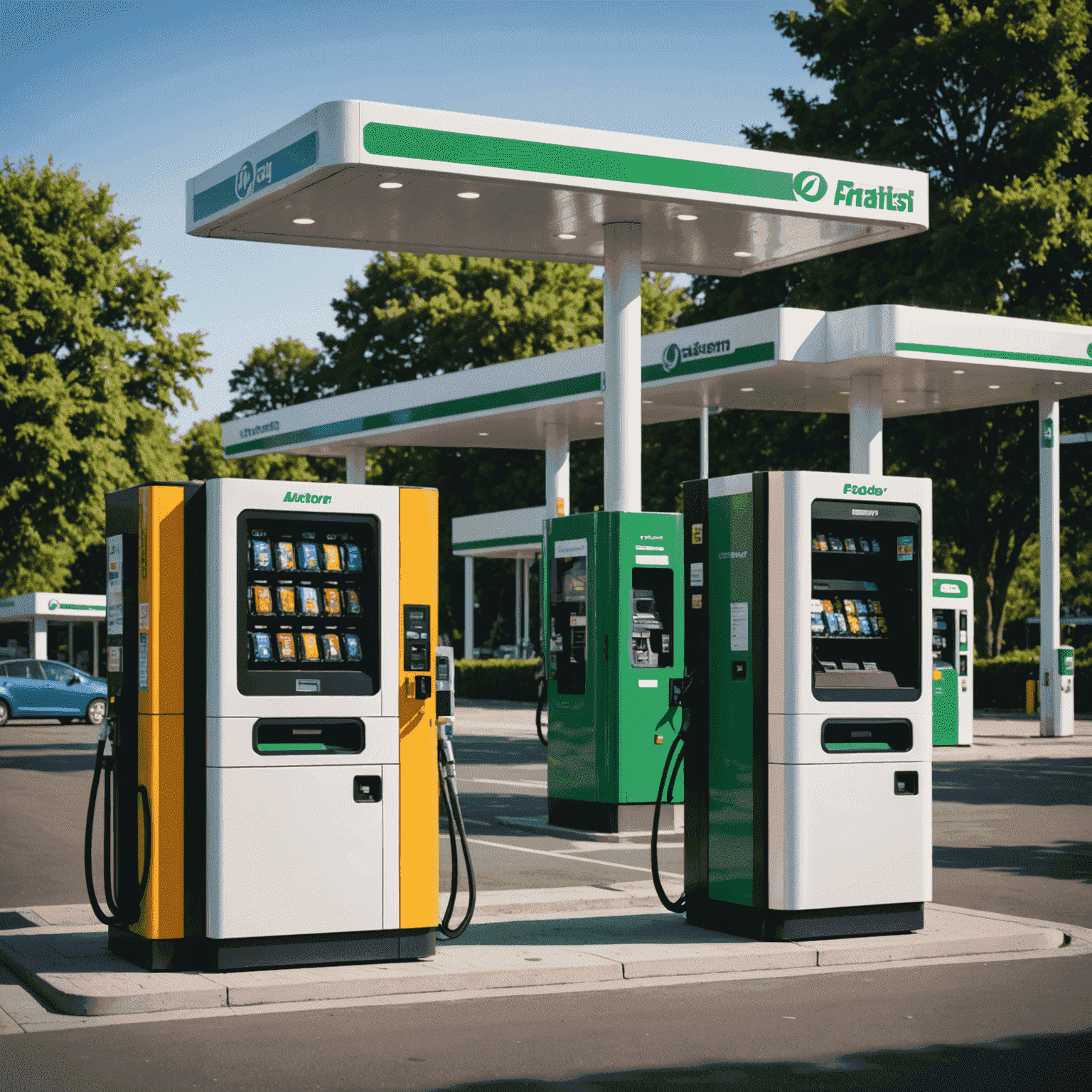 Comparison of a modern automated fuel vending machine next to a traditional gas station, highlighting the compact size and reduced environmental footprint of the automated system