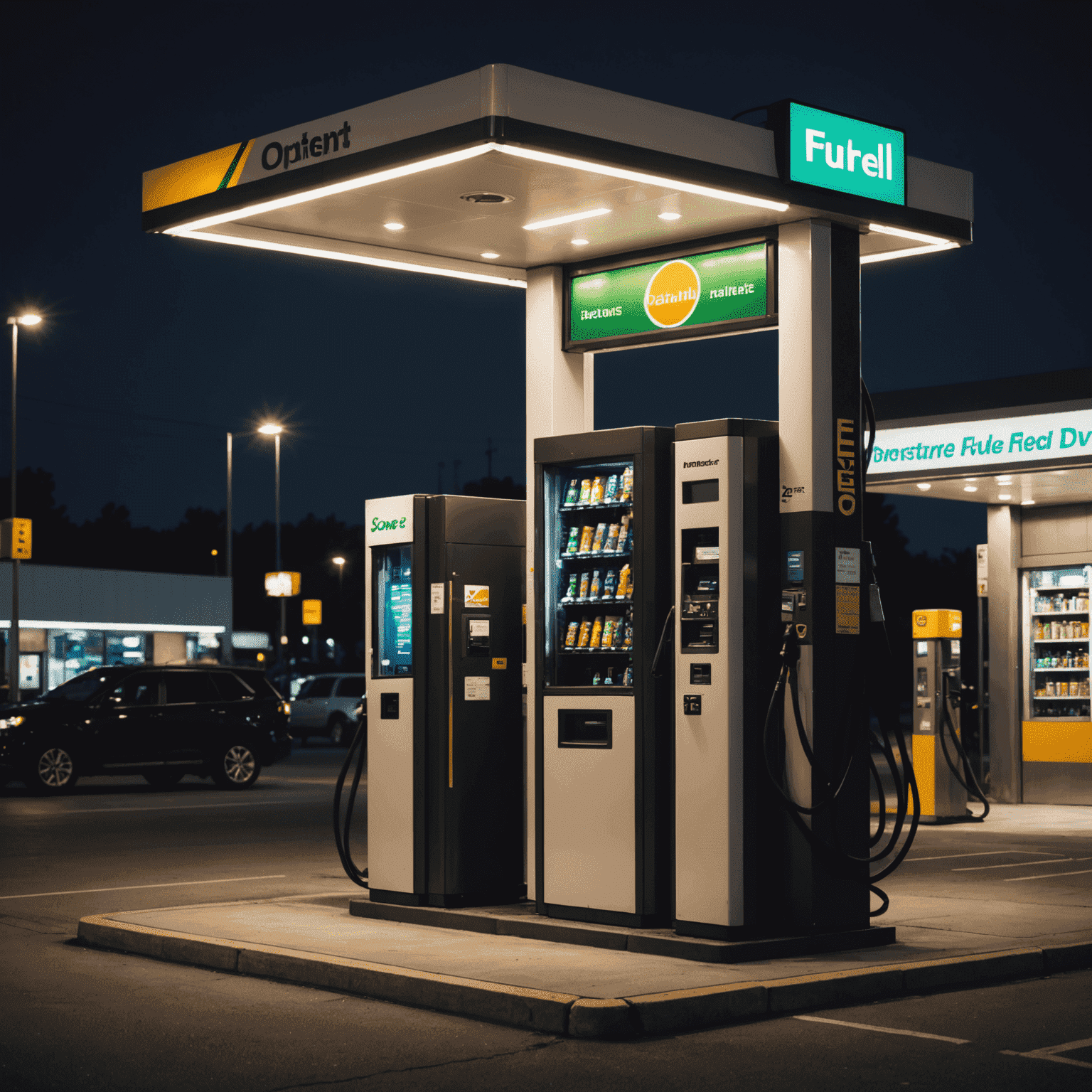 A fuel vending machine illuminated at night, with a customer refueling their vehicle. The image showcases the convenience of late-night access to fuel.