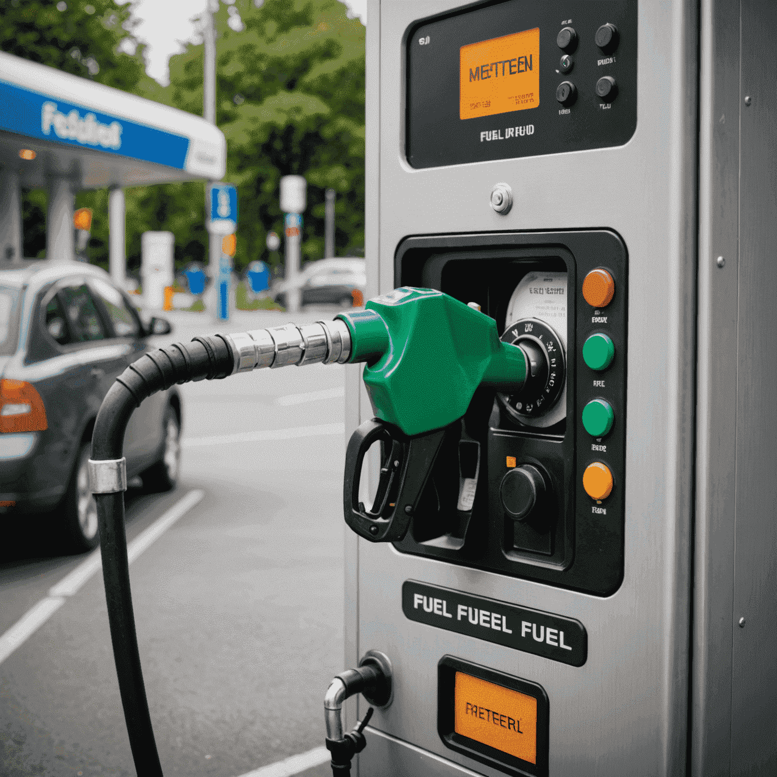 Close-up of a fuel vending machine's dispensing nozzle and meter, highlighting the precision engineering