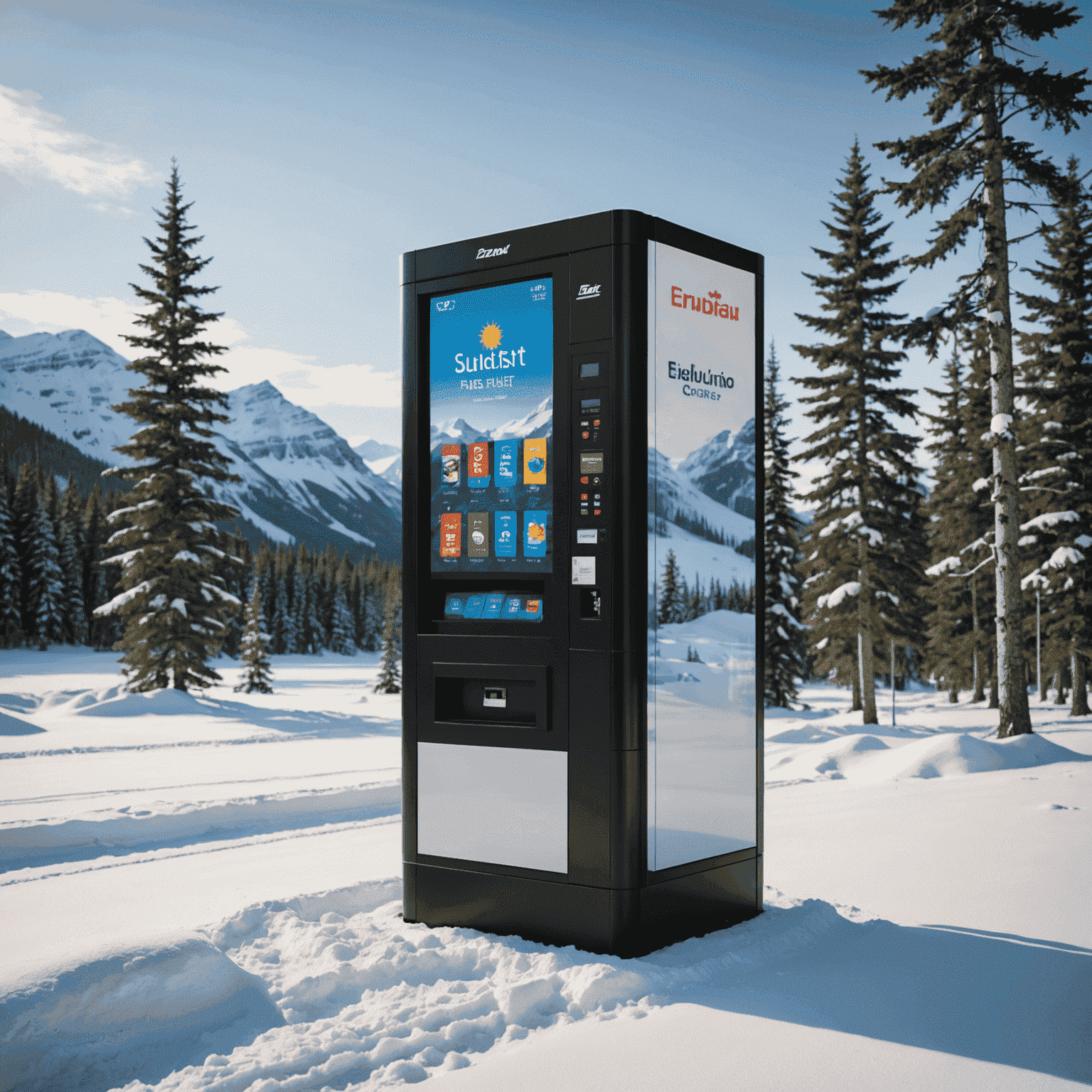 A modern fuel vending machine installed in a snowy Canadian landscape, showcasing its weather-resistant features and bilingual interface