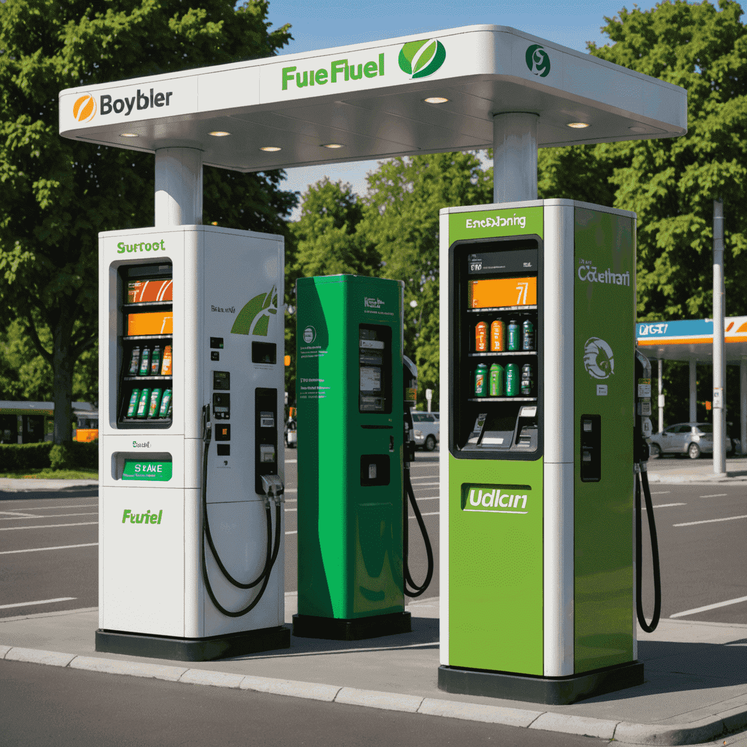 Infographic showing energy consumption comparison between a fuel vending machine and a traditional gas station, with clear visual representation of reduced energy usage