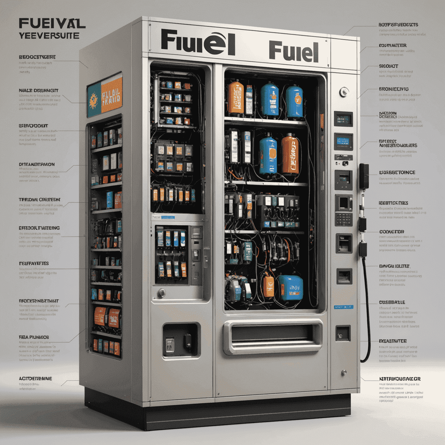 An exploded view diagram of a fuel vending machine, showcasing its internal components, circuits, and mechanical parts.