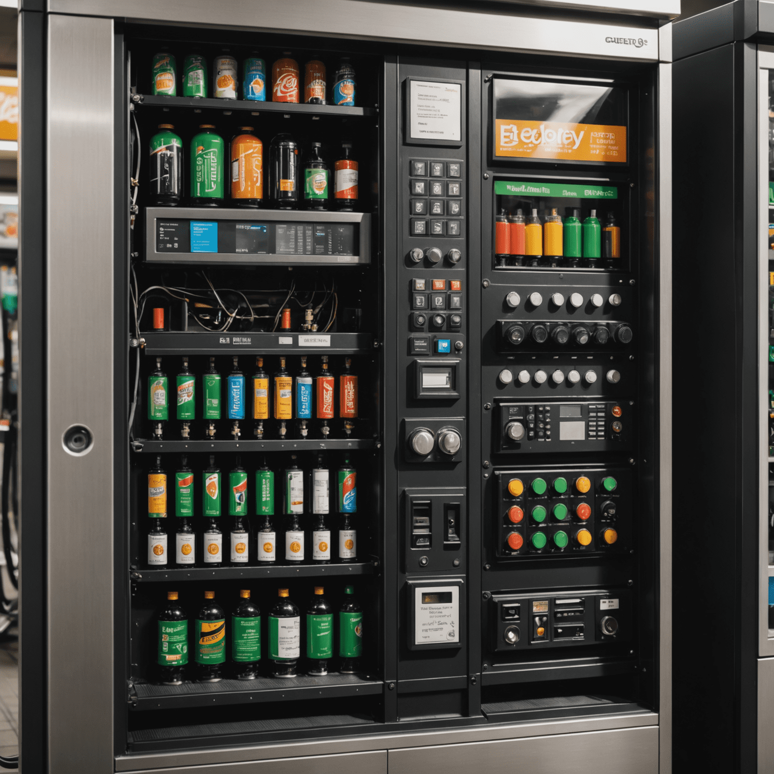 A close-up view of the internal components of a fuel vending machine, showcasing its advanced technology, circuitry, and mechanical parts.