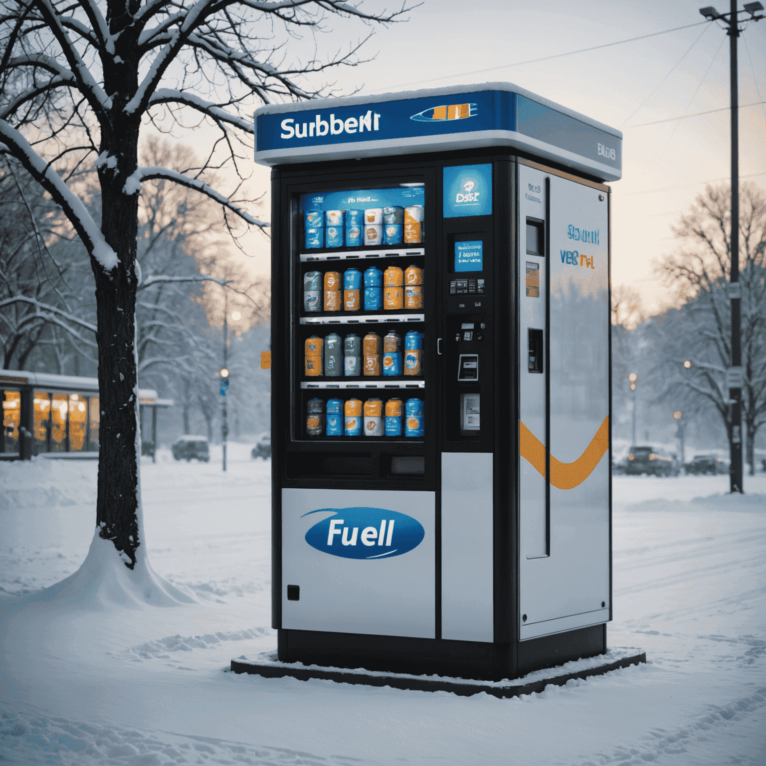 A fuel vending machine operating in a snowy environment, demonstrating its weather-resistant capabilities